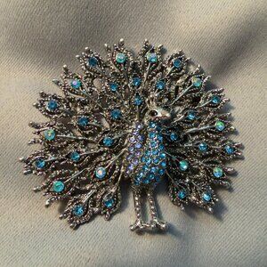 Peacock Brooch Blue Rhinestone Openwork Feathers 3D Statement 3"